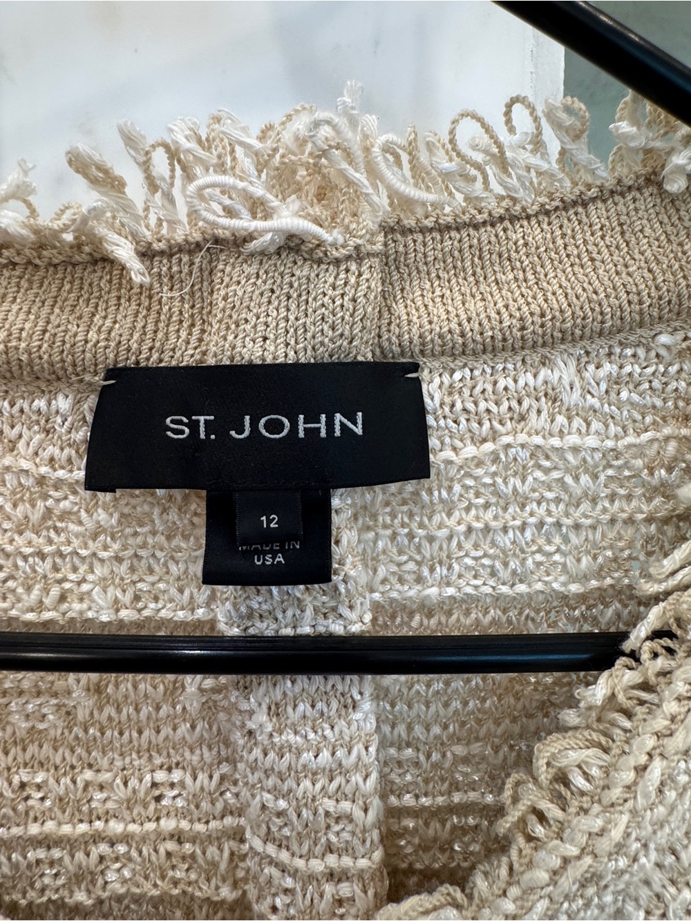 St. John Cream Fringe Trim Open Weave Cardigan